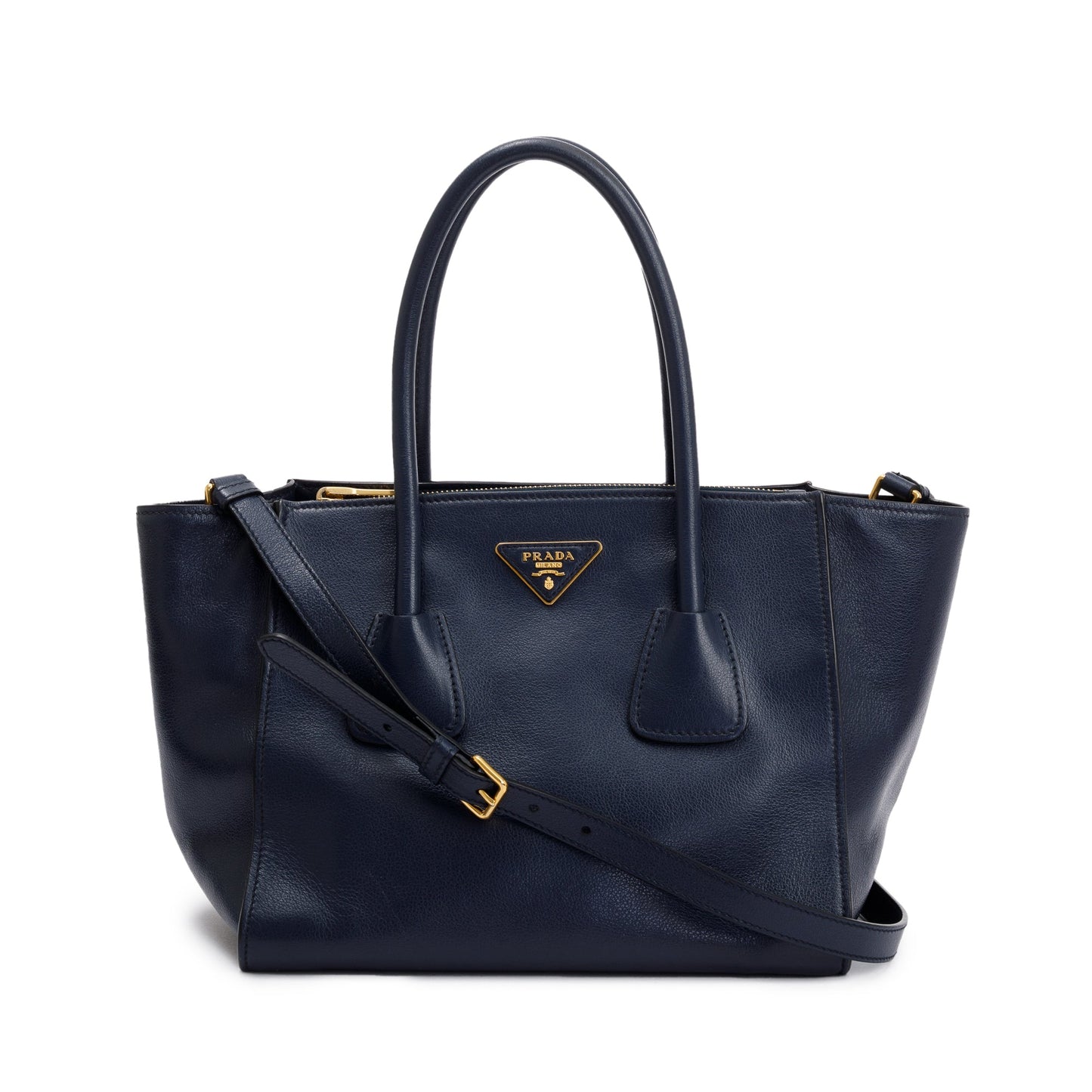Prada Navy City Calf Small Twin Pocket Tote