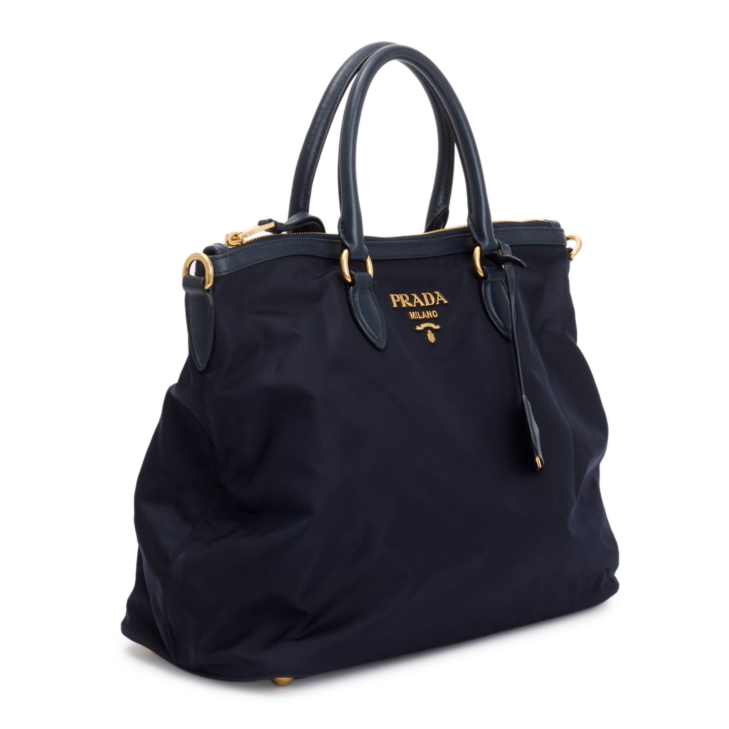 Prada Navy Leather Trimmed Tessuto Nylon Tote