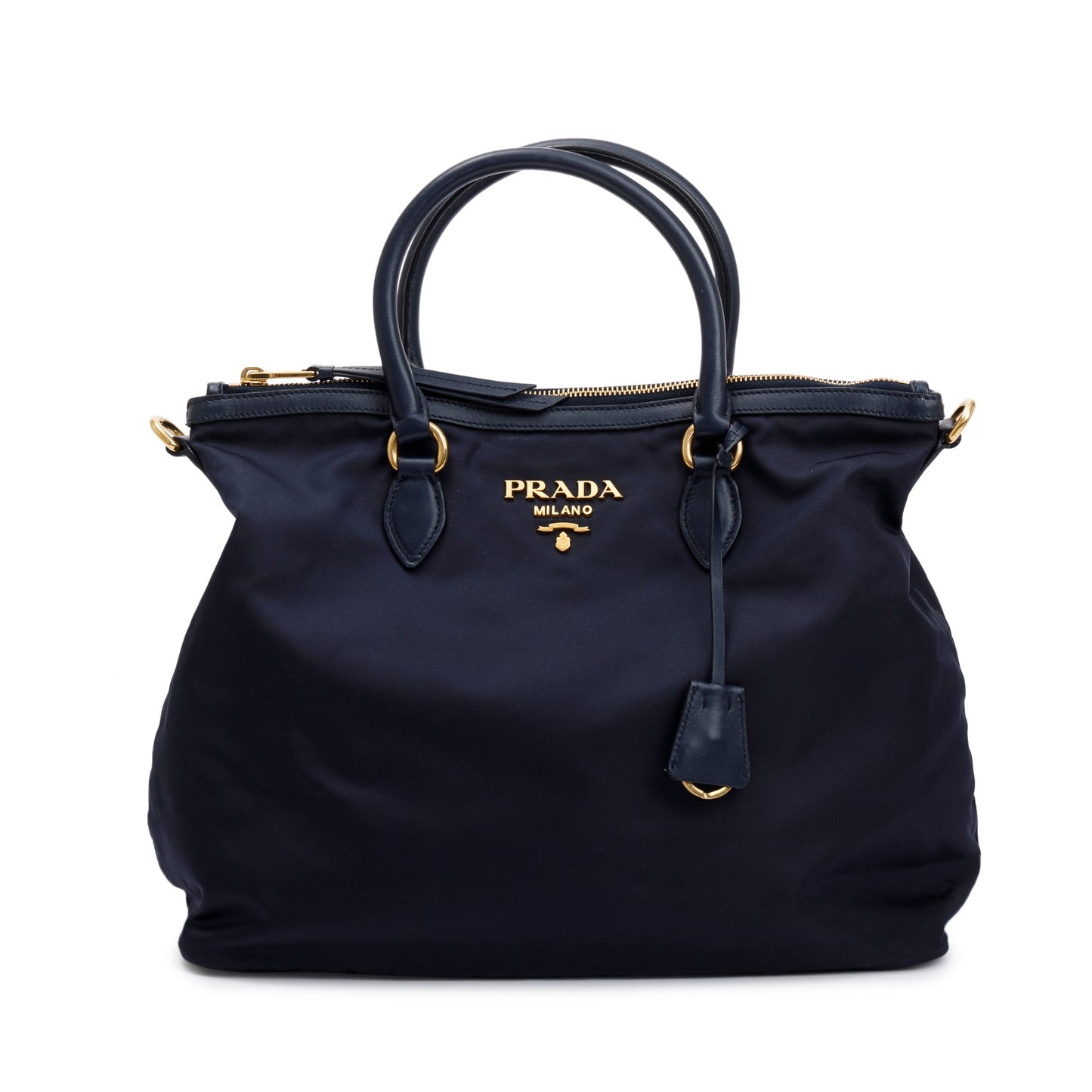 Prada Navy Leather Trimmed Tessuto Nylon Tote