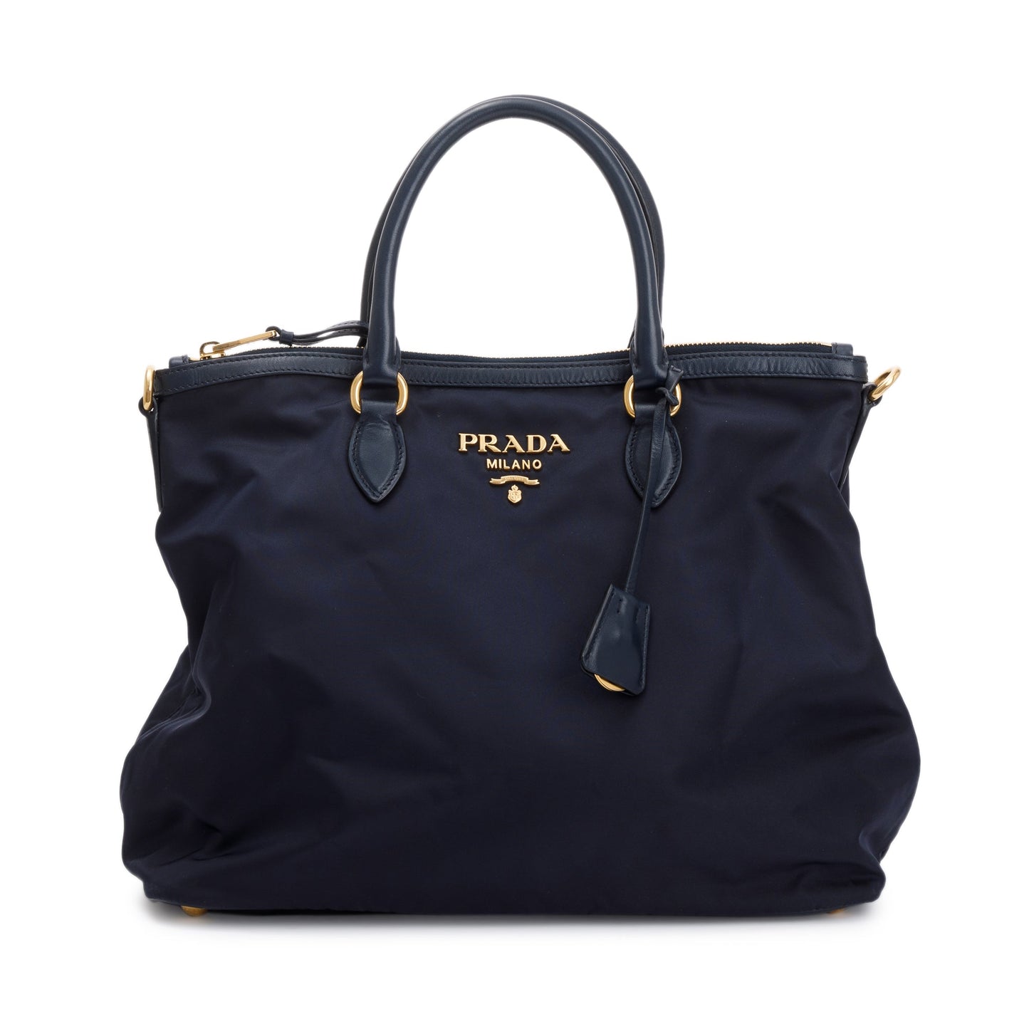 Prada Navy Leather Trimmed Tessuto Nylon Tote