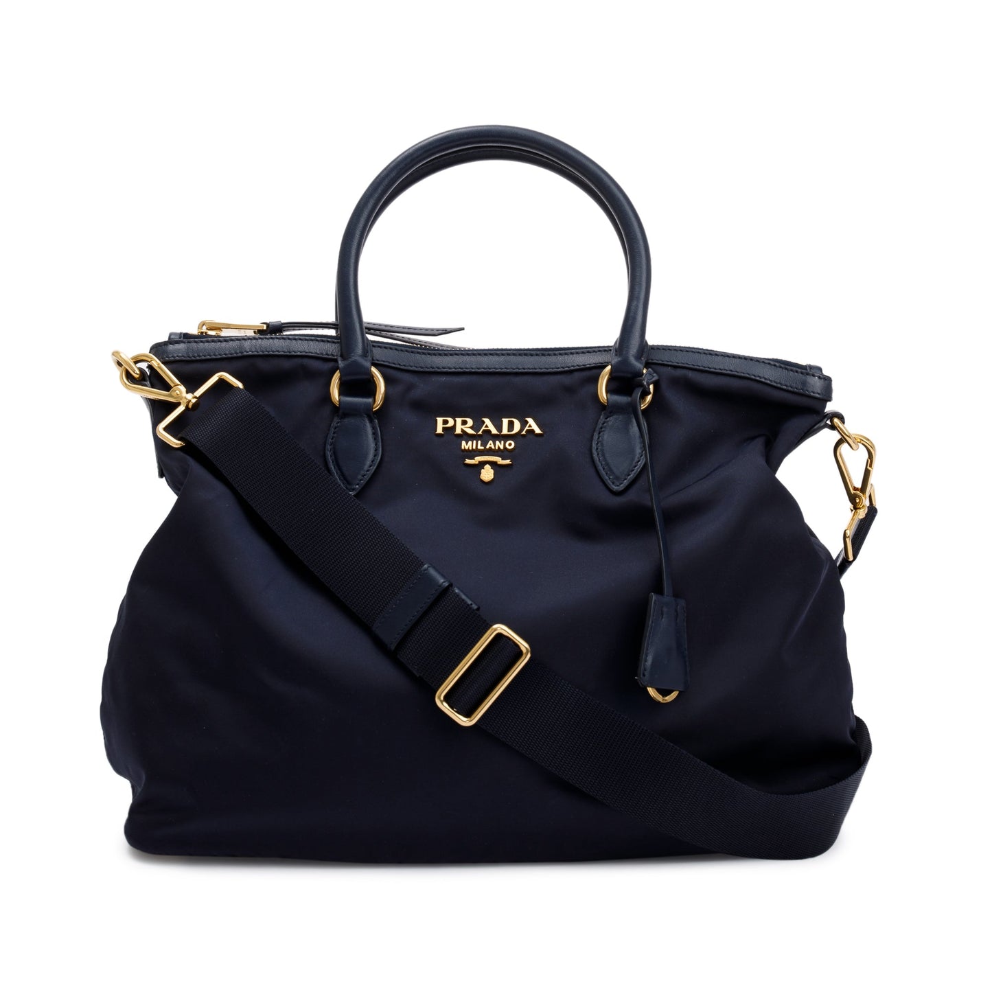 Prada Navy Leather Trimmed Tessuto Nylon Tote