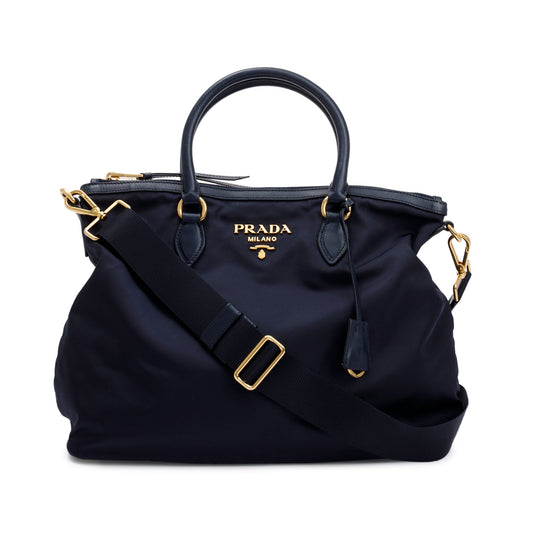 Prada Navy Leather Trimmed Tessuto Nylon Tote