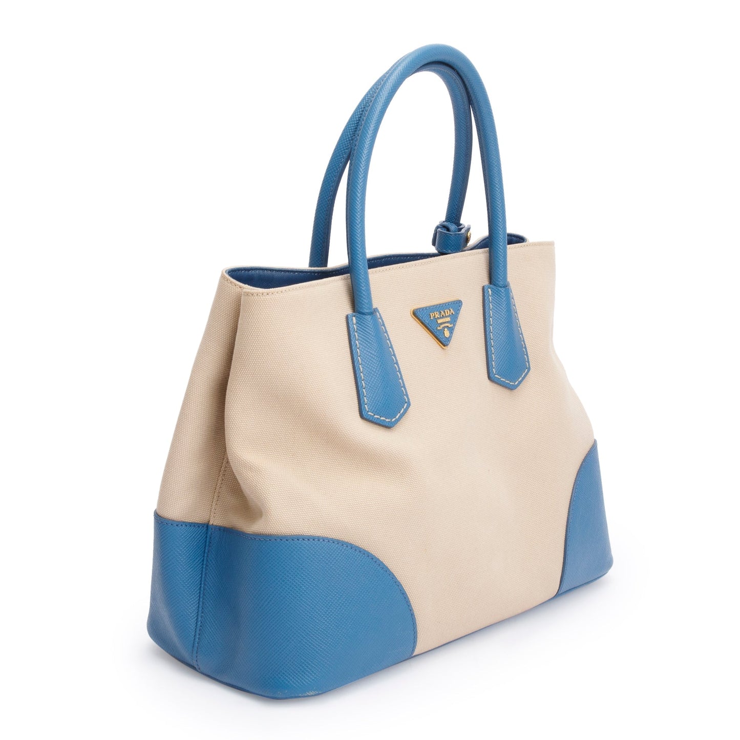 Prada Neutral Canvas Blue Saffiano Trim Medium Cuir Double Tote