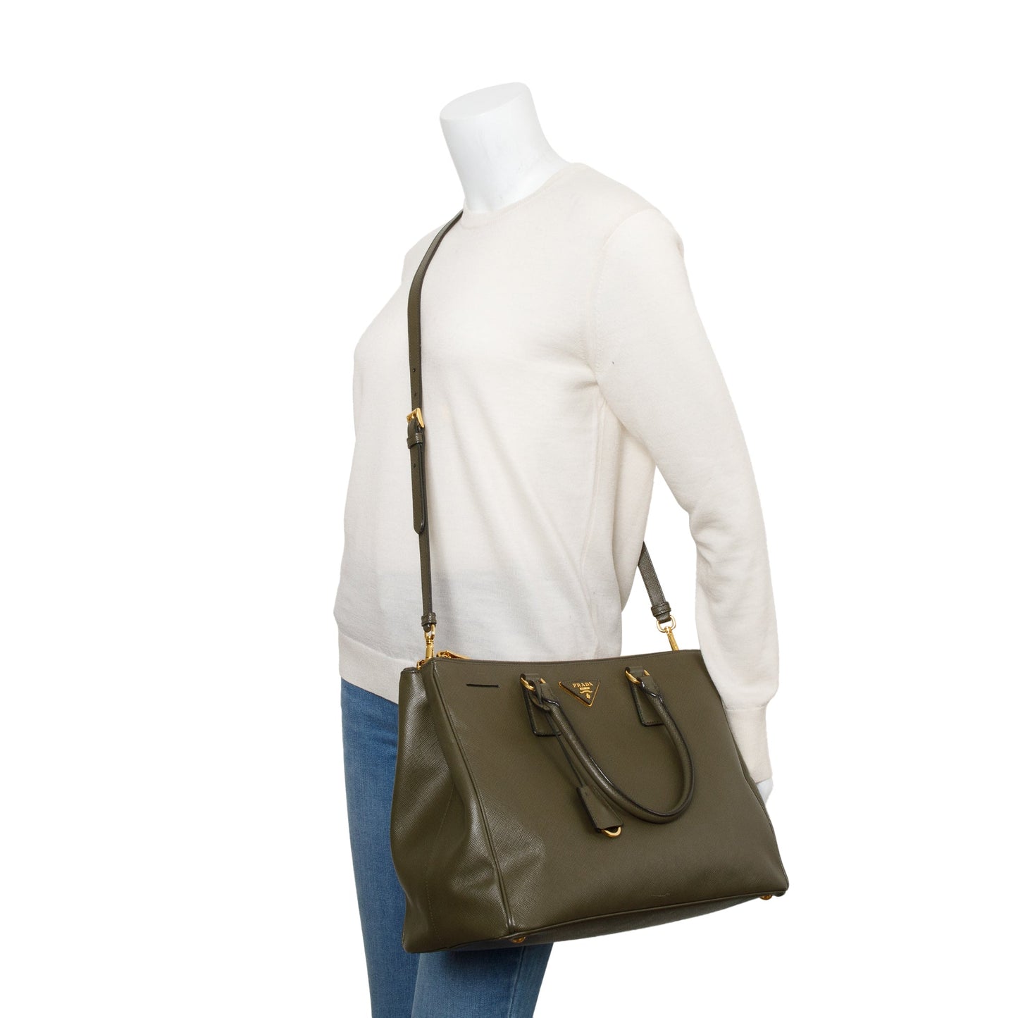 Prada Olive Green Saffiano Lux Large Double Zip Galleria Tote