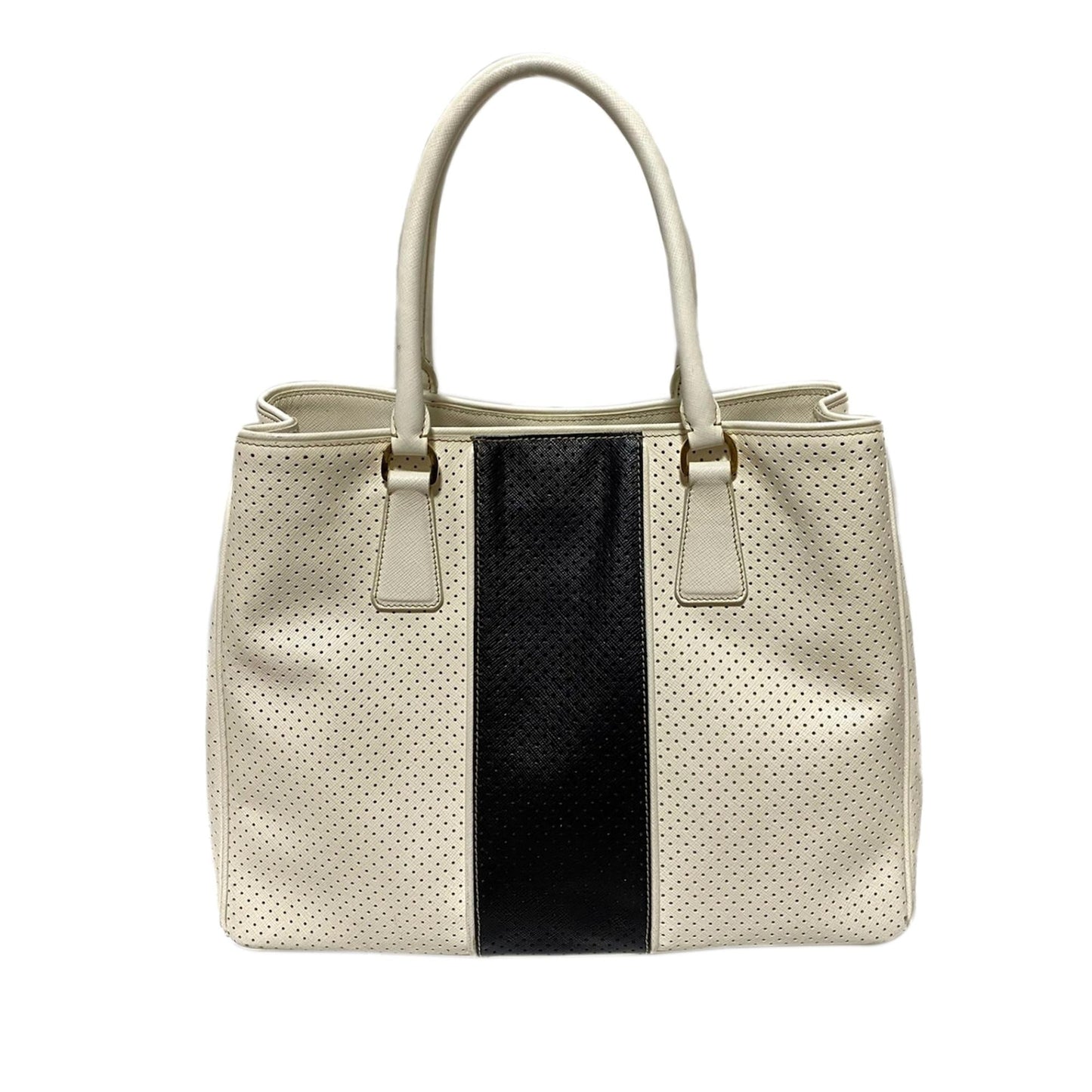 Prada Perforated Saffiano Fori Striped Handbag (SHG-37595)