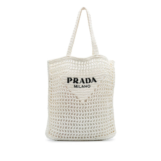 Prada Raffia Effect Crochet Logo Embroidered Tote
