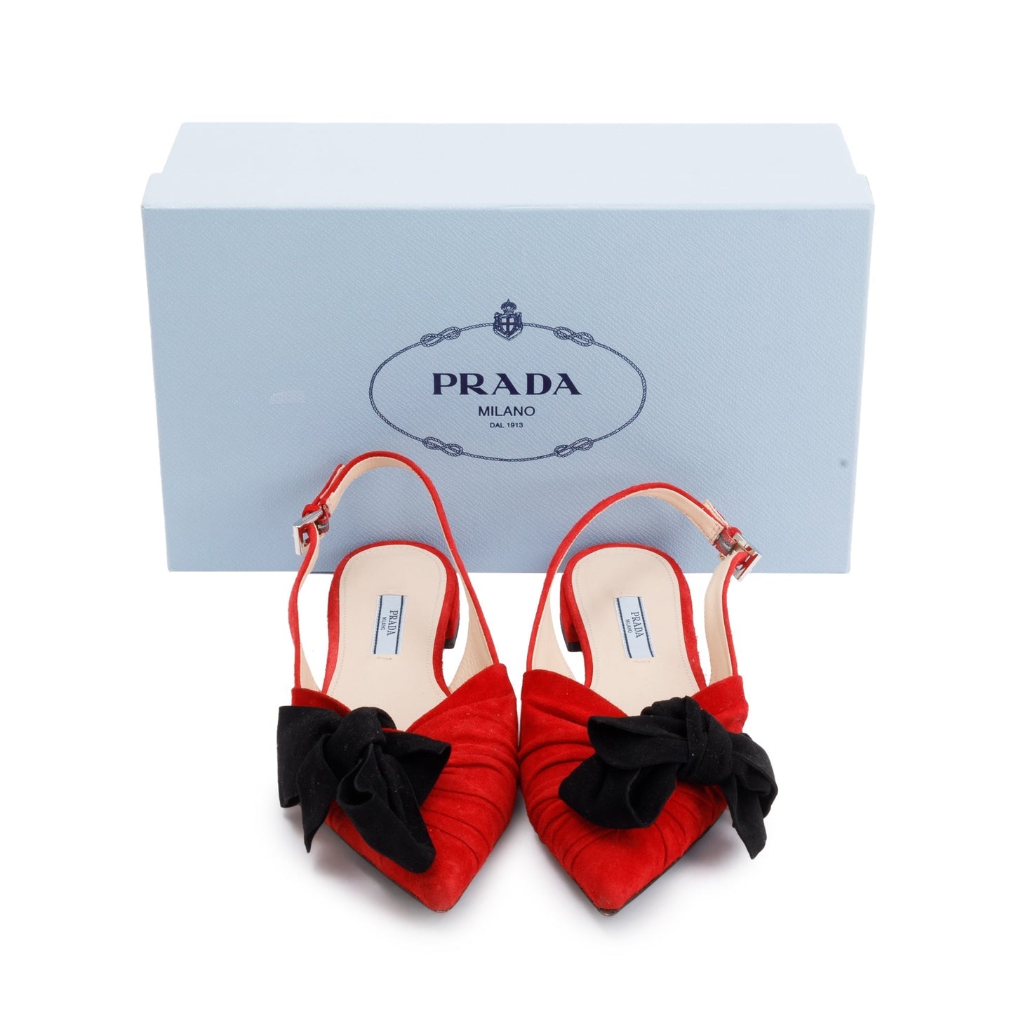 Prada Red/Black Suede Bow Flat Sandals, Size 6.5