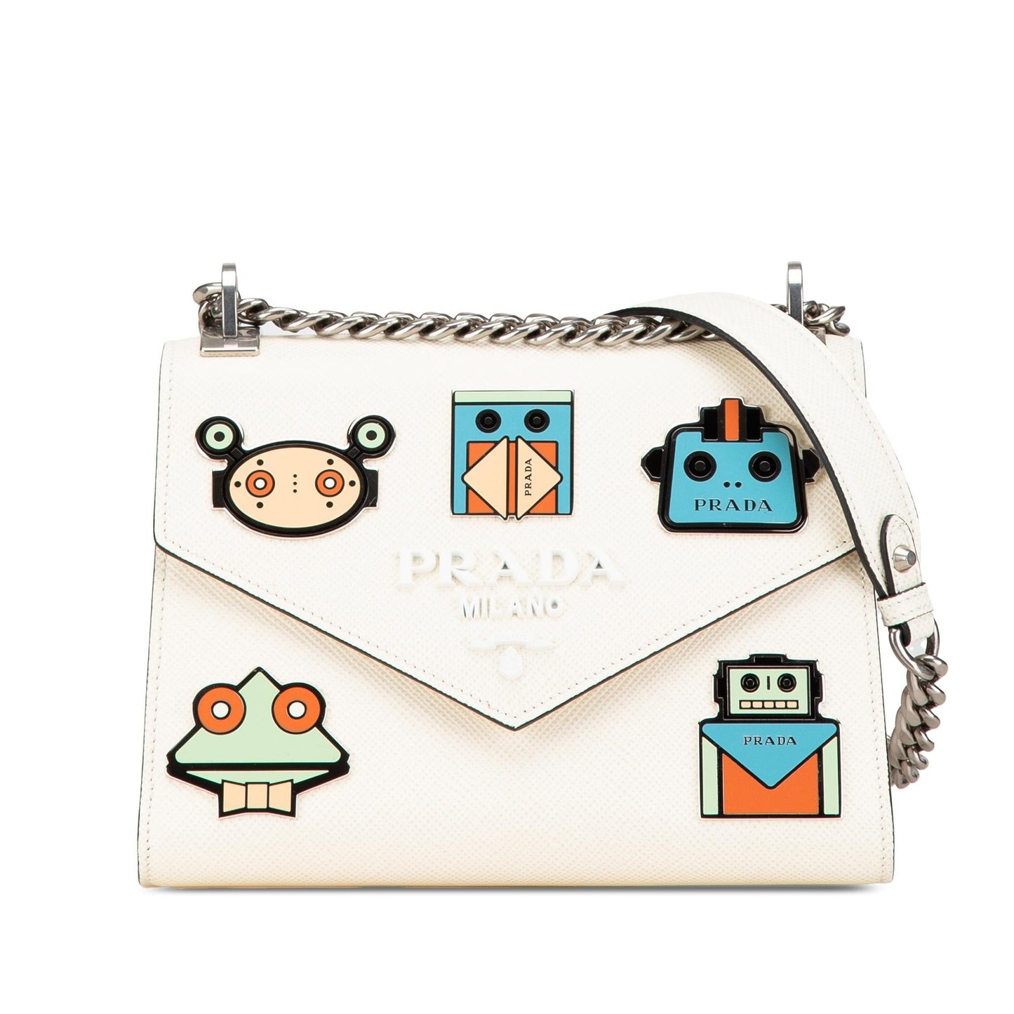 Prada Saffiano Cuir Monochrome Robot Patches Envelope Chain Flap