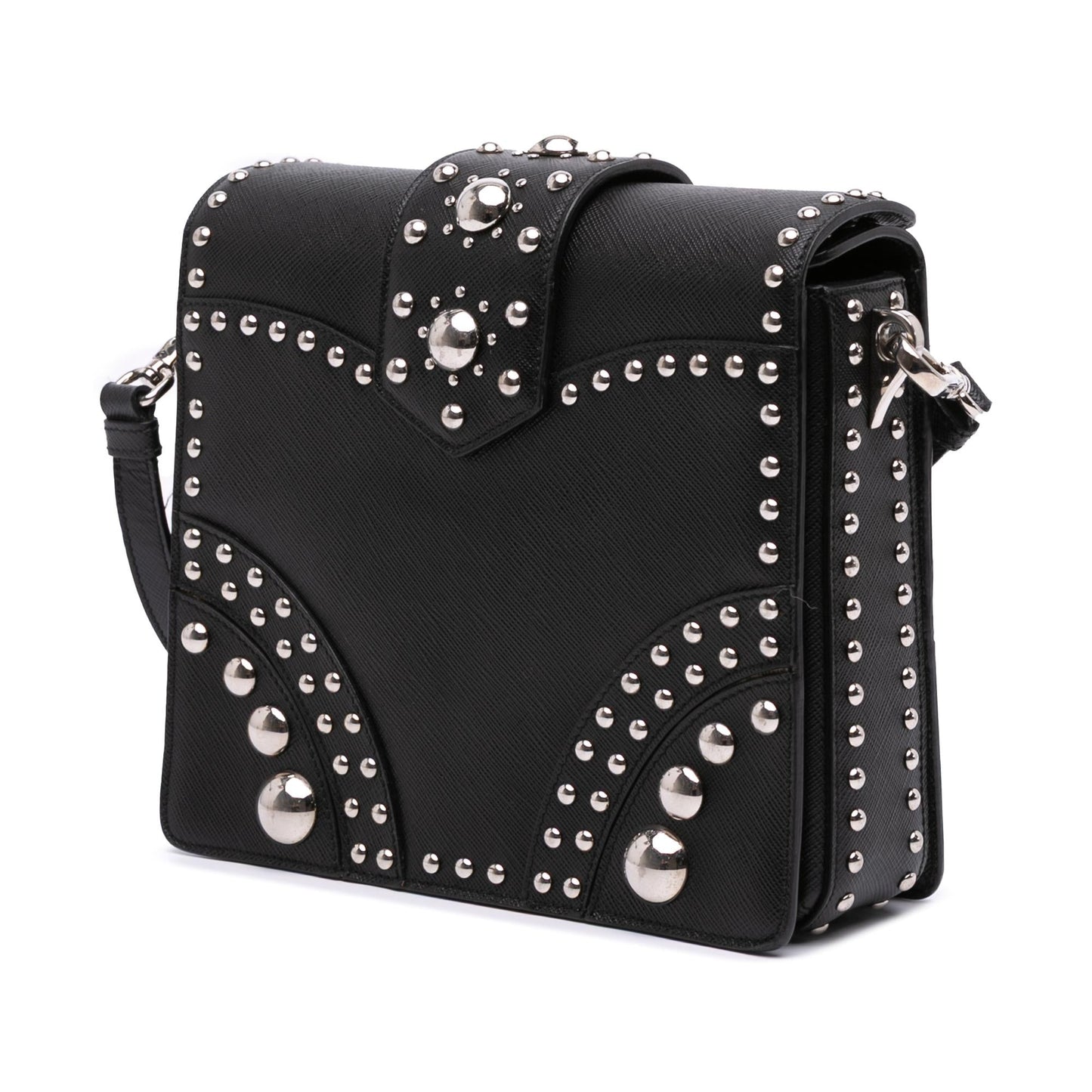 Prada Saffiano Studded Turn Lock Top Handle Bag