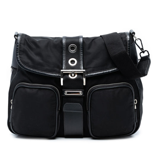 Prada Saffiano Trimmed Tessuto Buckle Messenger Bag