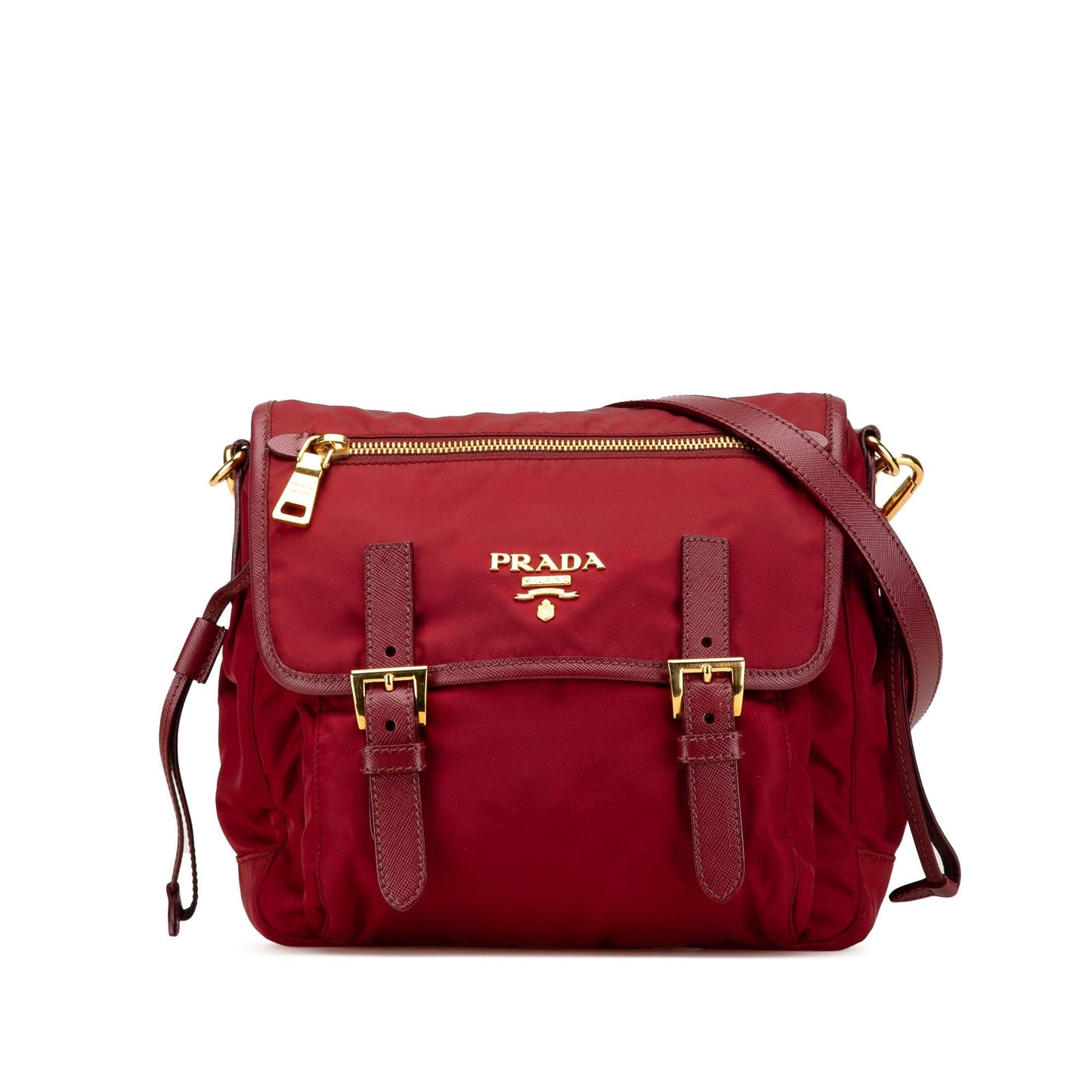 Prada Saffiano Trimmed Tessuto Zip Double Buckle Messenger Bag