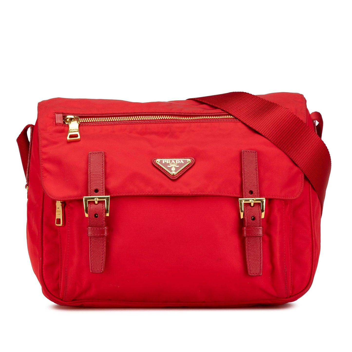 Prada Saffiano Trimmed Tessuto Zip Double Buckle Messenger Bag
