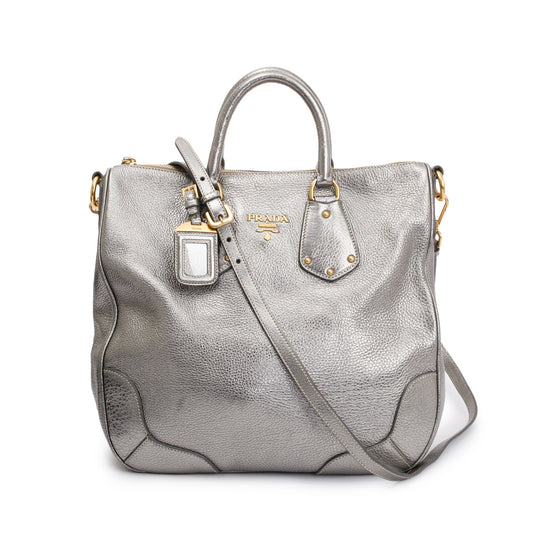 Prada Silver Vitello Daino Leather Tote