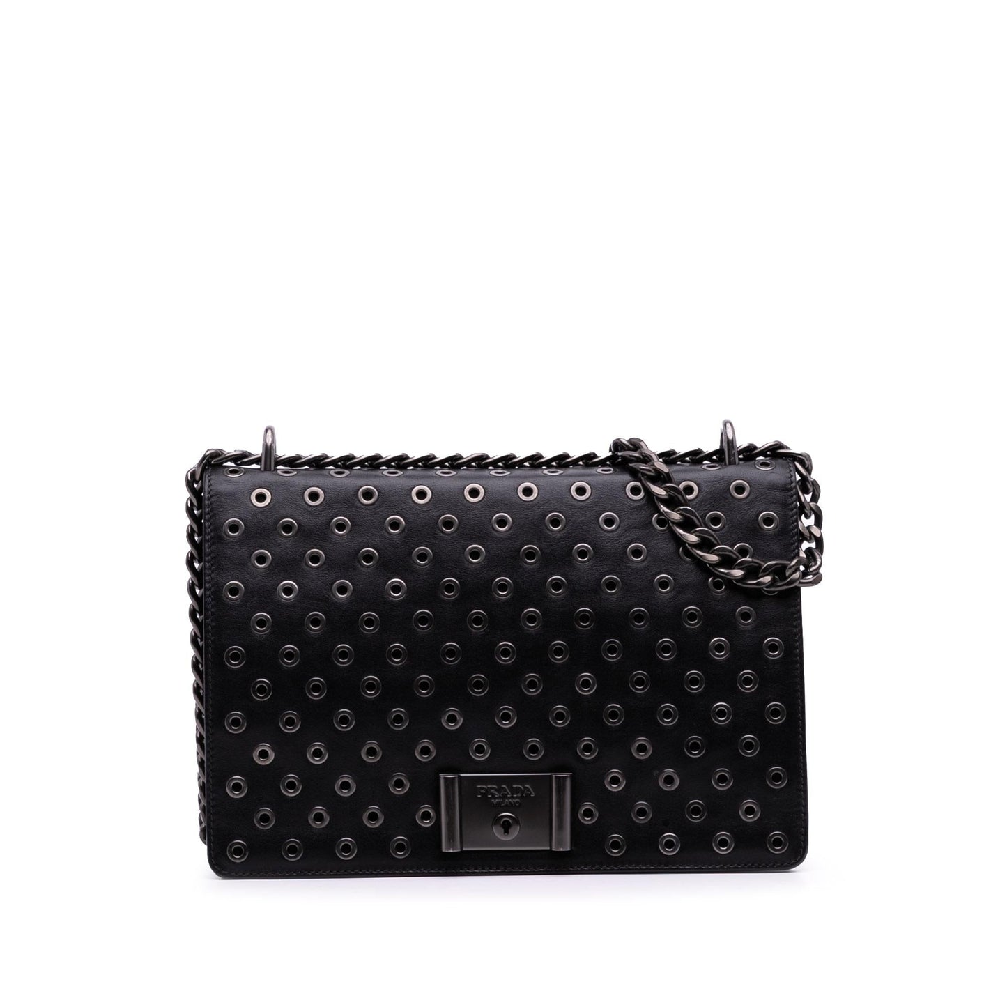 Prada Soft Calf Grommet Lock Flap Chain Crossbody