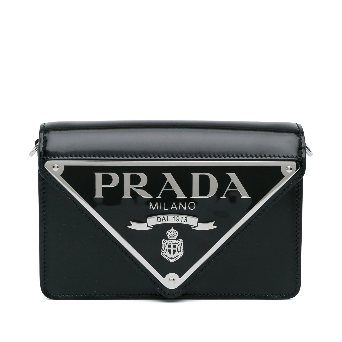 Prada Spazzolato Triangle Logo Plate Flap Chain Crossbody (SHG-hPUUzu)