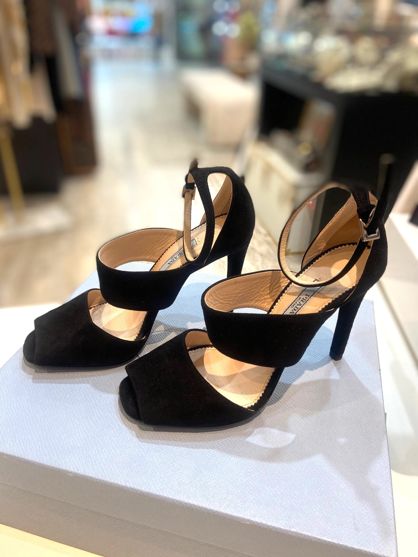 PRADA SUEDE STRAPPY HEELED SANDALS