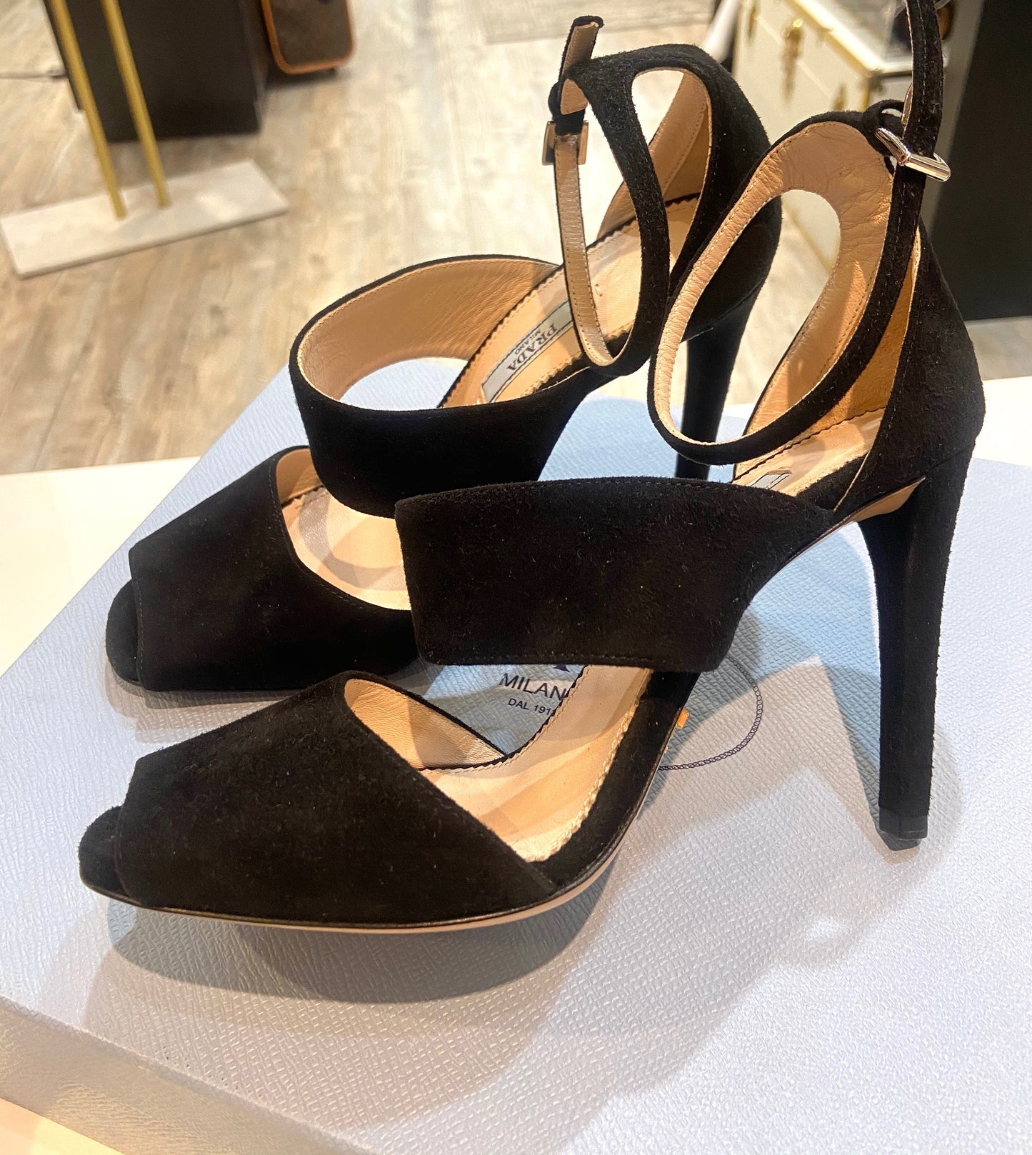 PRADA SUEDE STRAPPY HEELED SANDALS