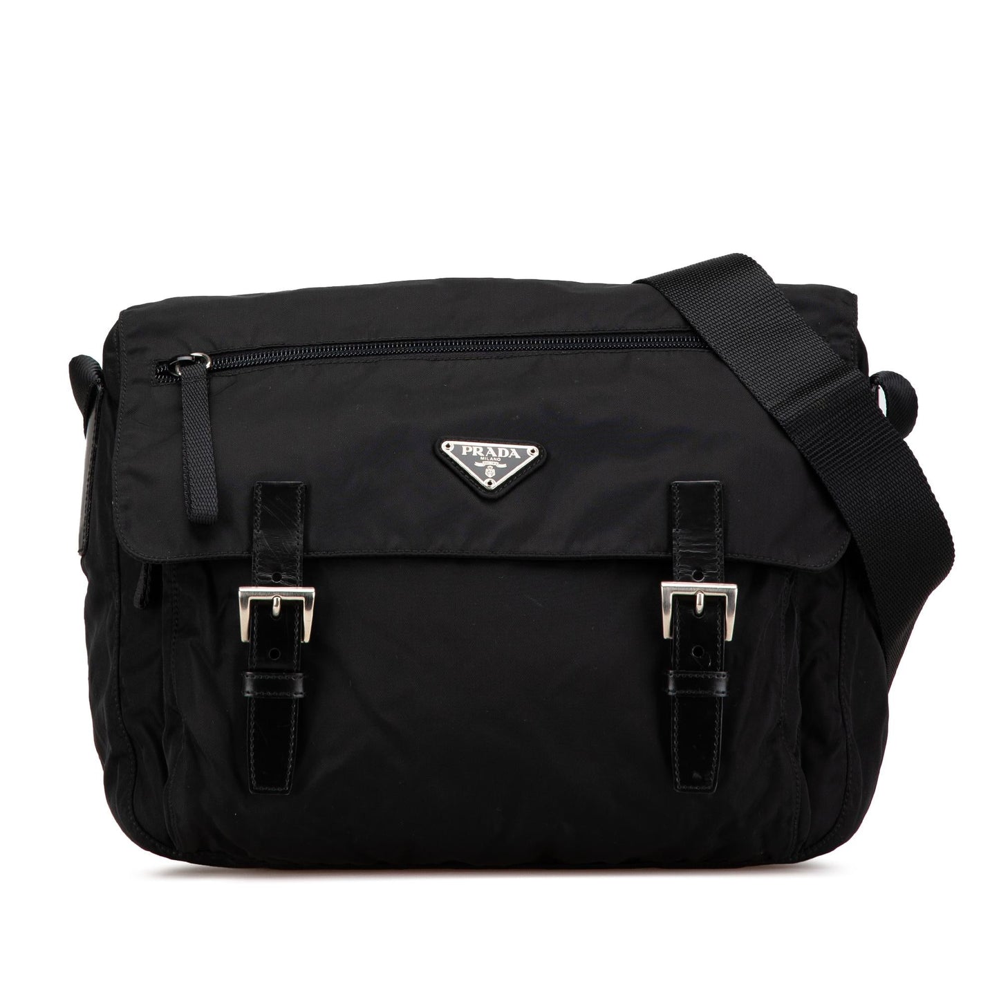 Prada Tessuto Zip Double Buckle Messenger Bag