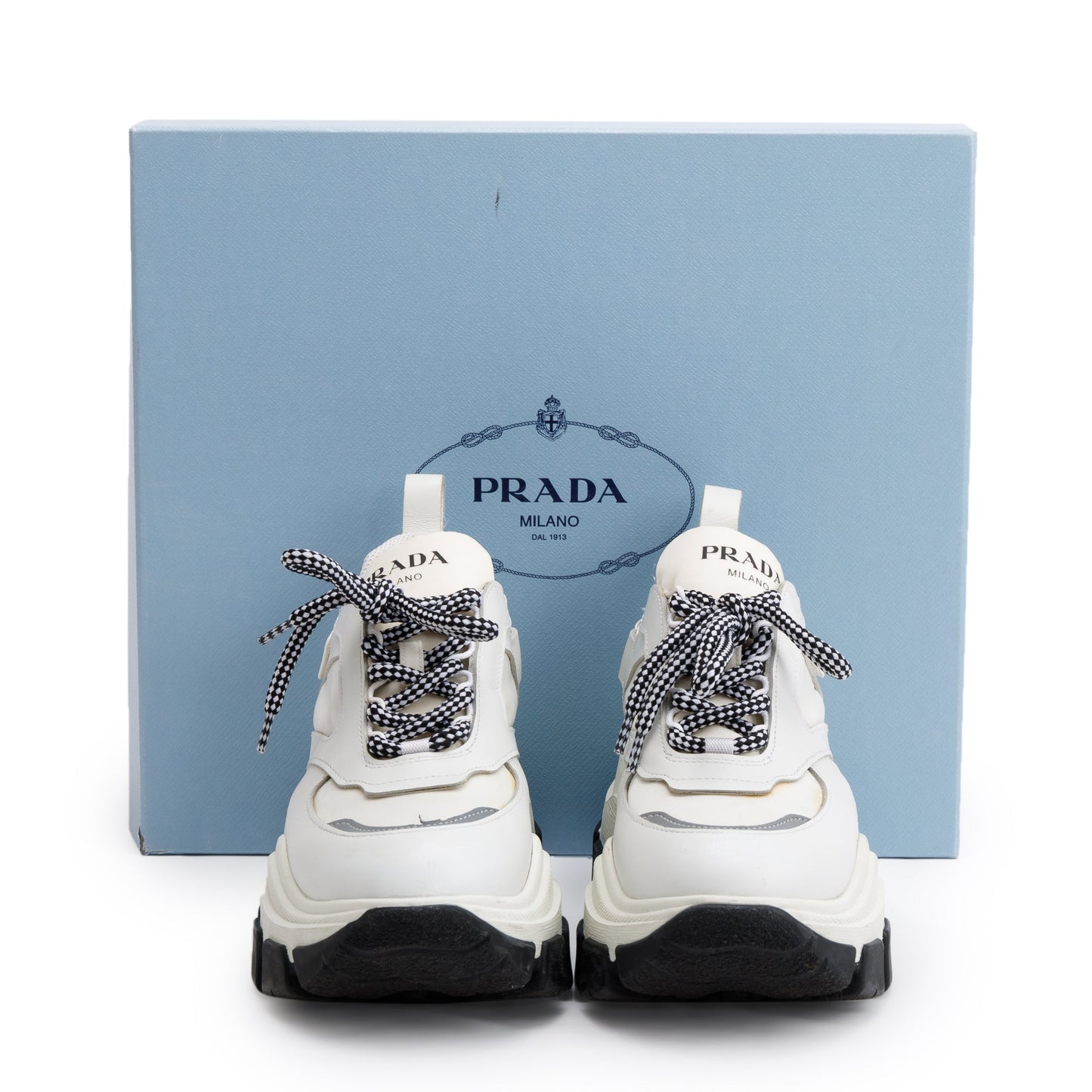 Prada White Calfskin Nylon Pegasus Sneakers, Size 36.5