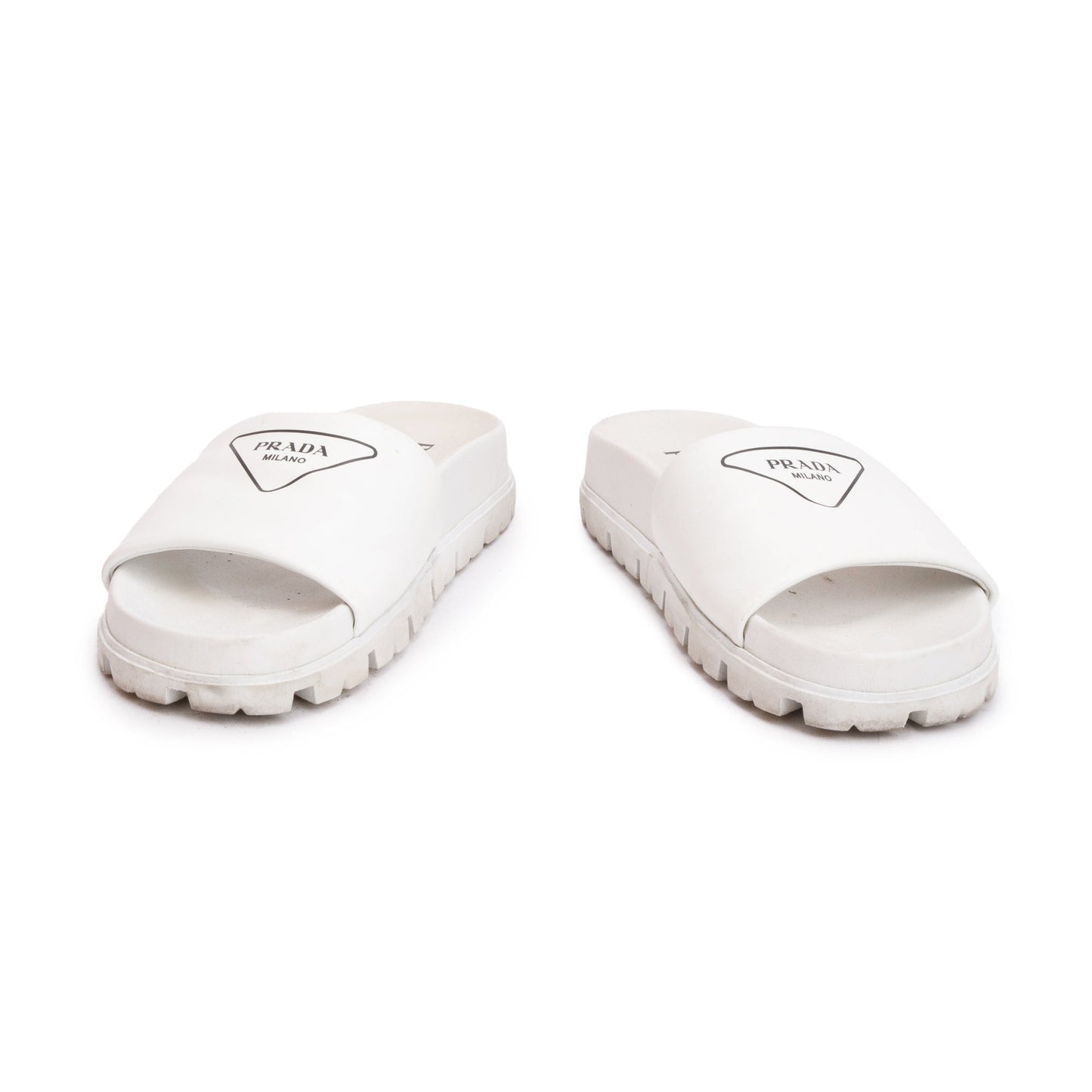 Prada White Graphic Print Leather Slide Sandals, Size 38.5