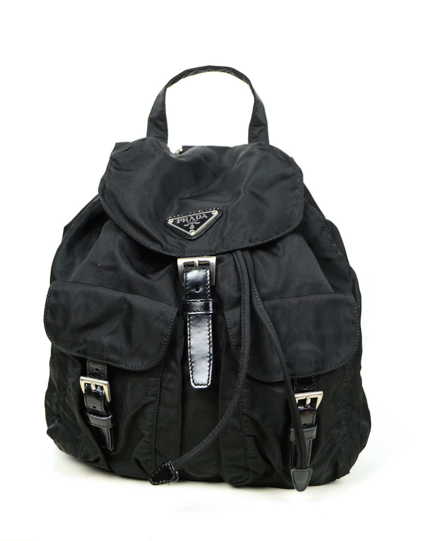 Prada Black Nylon Small Backpack Bag w/ Front Buckle Pockets