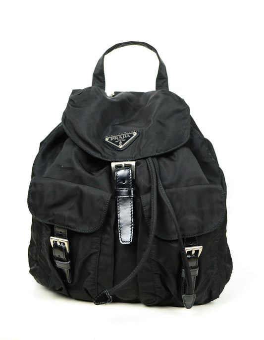 Prada Black Nylon Small Backpack Bag w/ Front Buckle Pockets
