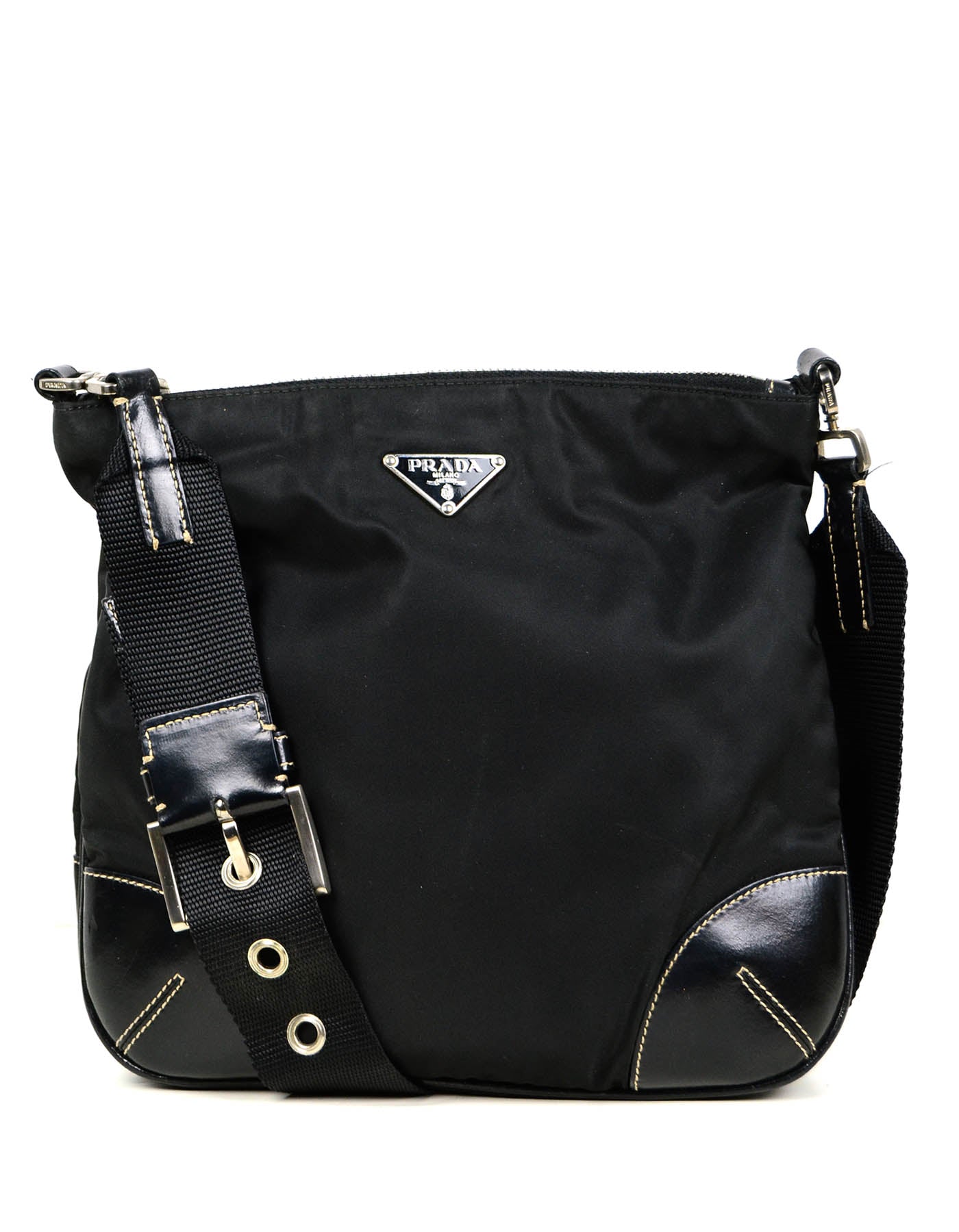 Prada Black Flat Tessuto Nylon Crossbody Bag w/ Leather Trim