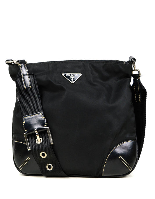 Prada Black Flat Tessuto Nylon Crossbody Bag w/ Leather Trim