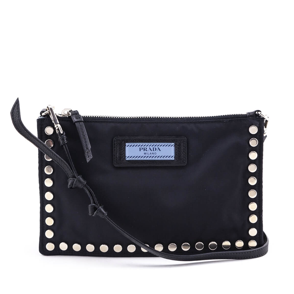 Prada Black Nylon Studded Etiquette Zip Shoulder Bag