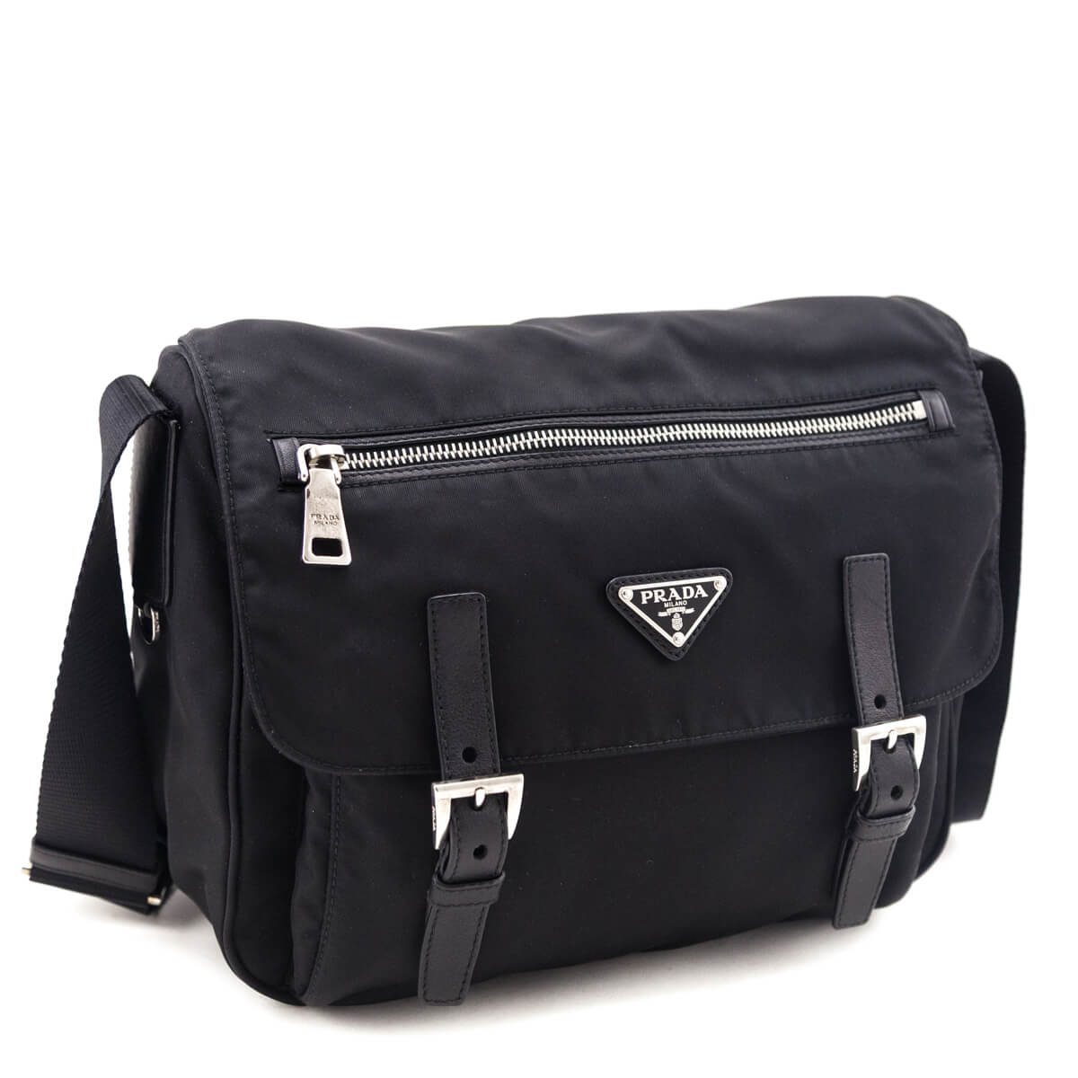 Prada Black Tessuto Nylon Double Buckle Small Messenger Bag