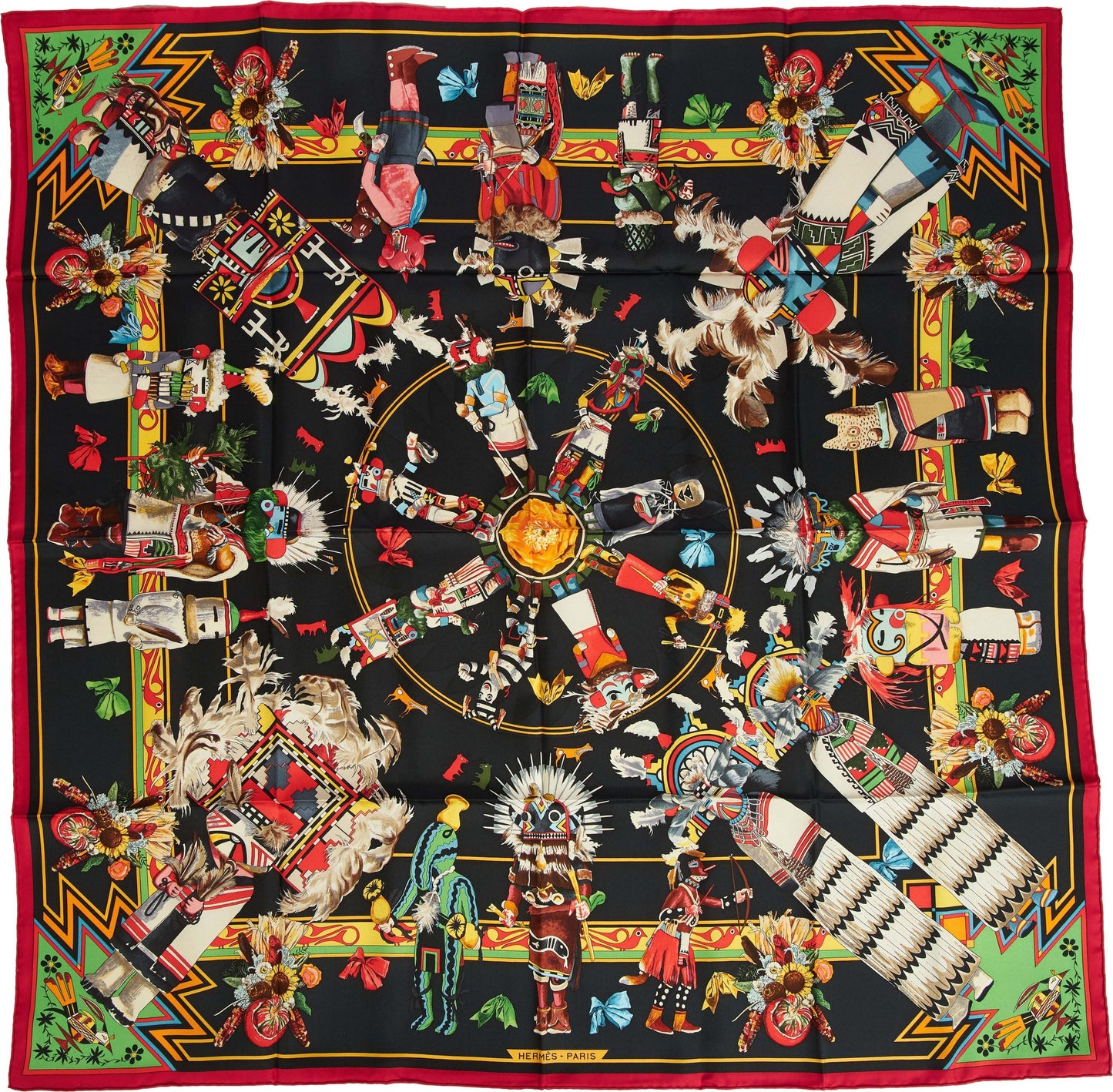 Hermes Black Silk Kachinas Scarf