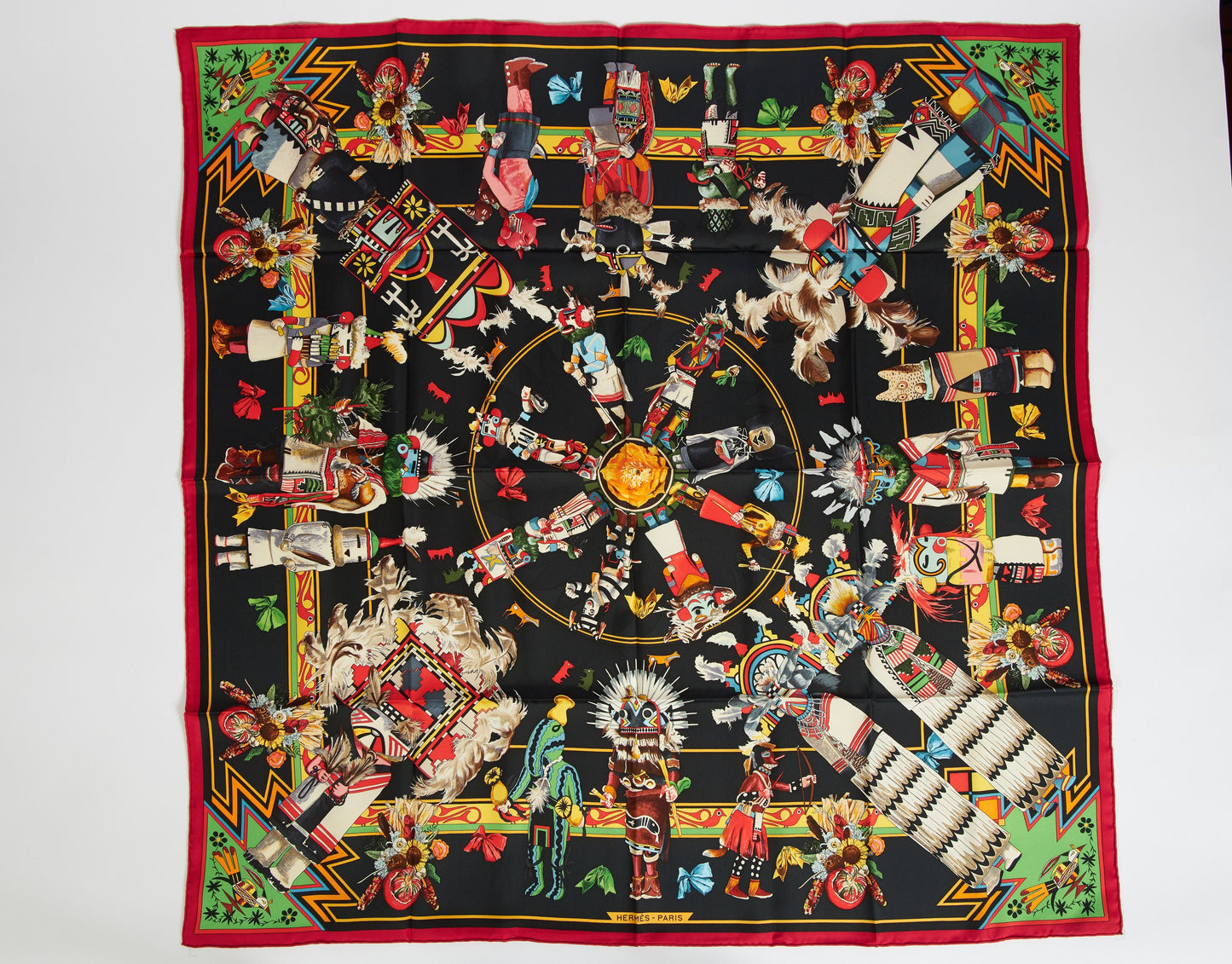 Hermes Black Silk Kachinas Scarf
