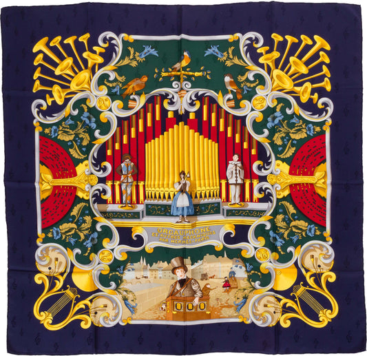 Hermes "Orgauphone" Blue Silk Scarf