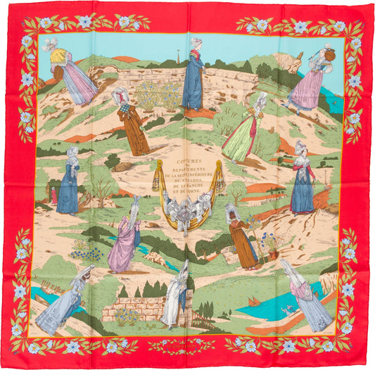 Hermes "Costumes" Red Silk Pink Scarf