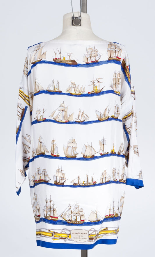 Hermes Vessels Silk Dress White/Blue
