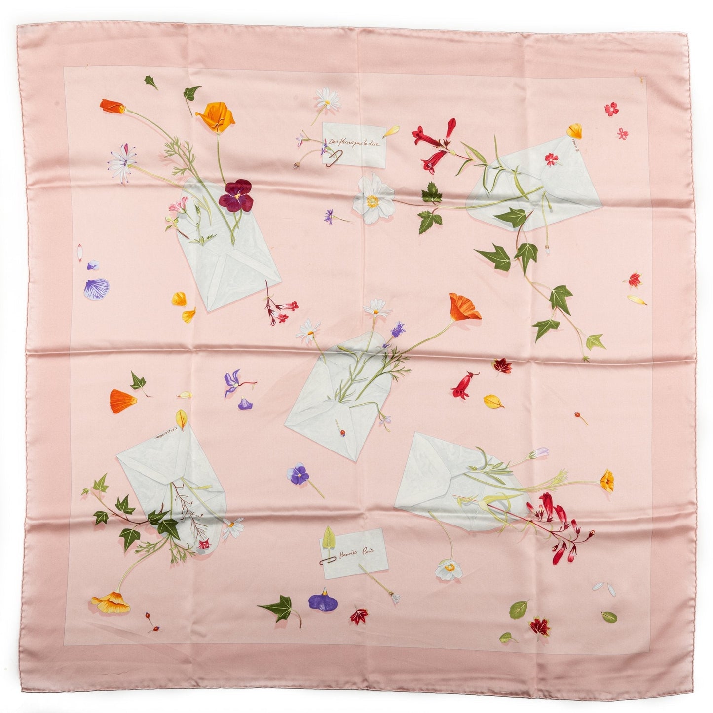 Hermes Pink Letters Flowers Silk Scarf