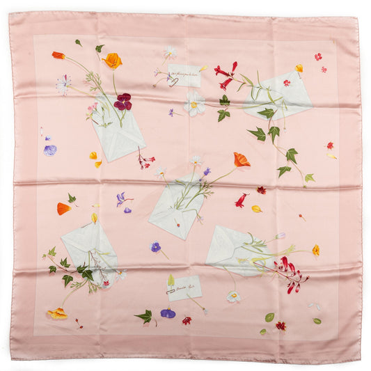 Hermes Pink Letters Flowers Silk Scarf