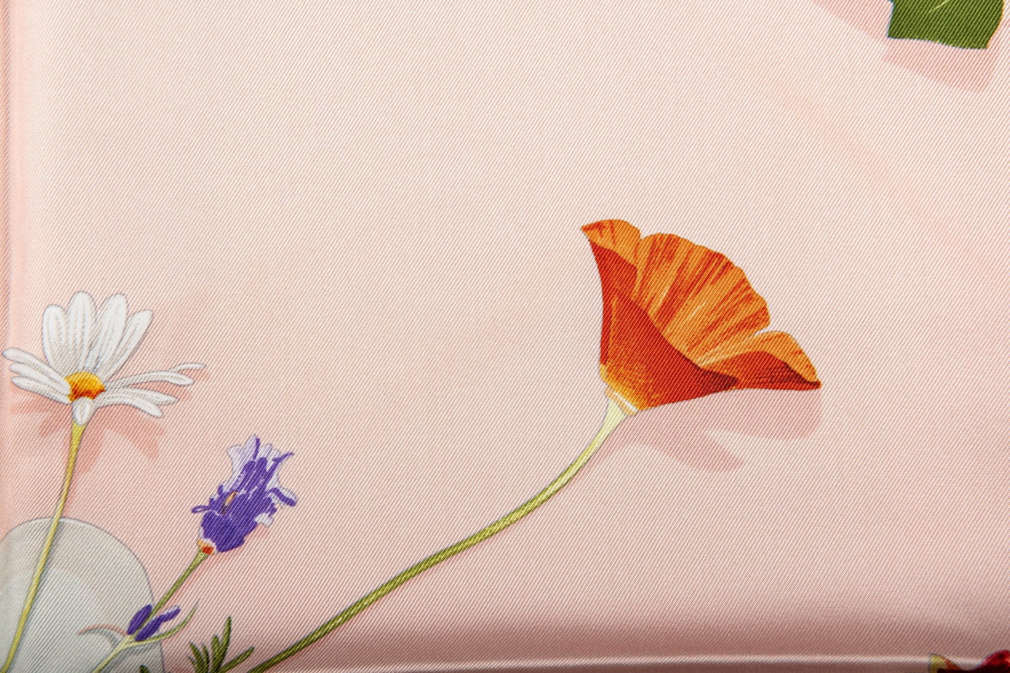 Hermes Pink Letters Flowers Silk Scarf