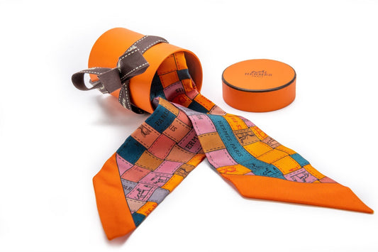 Hermes NIB Orange Checkers Twilly