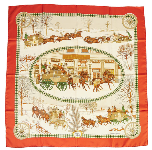 Hermes L'Hiver en Poste Red Silk  Scarf