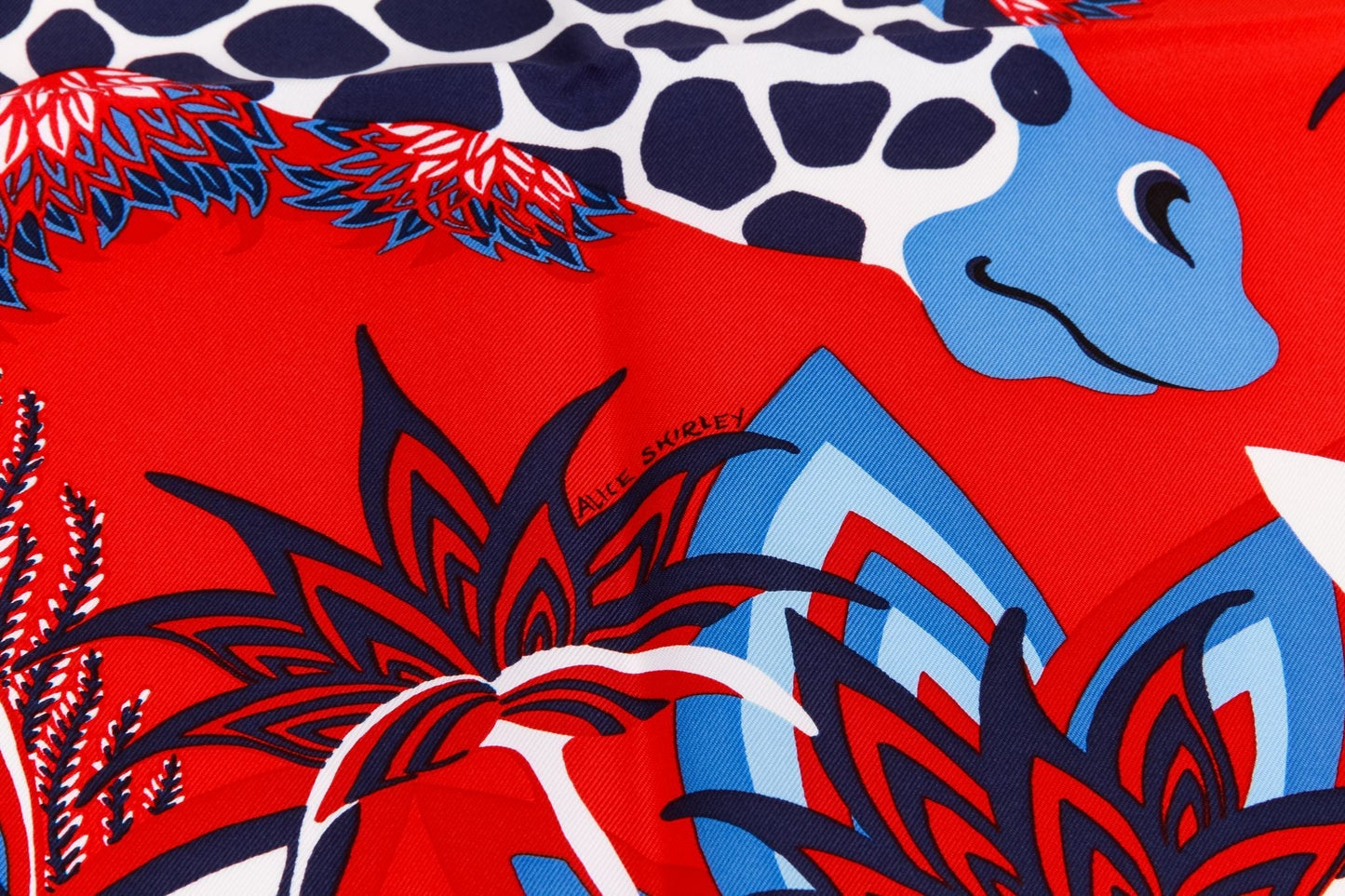 Hermes New Blue Red Giraffes Silk Scarf