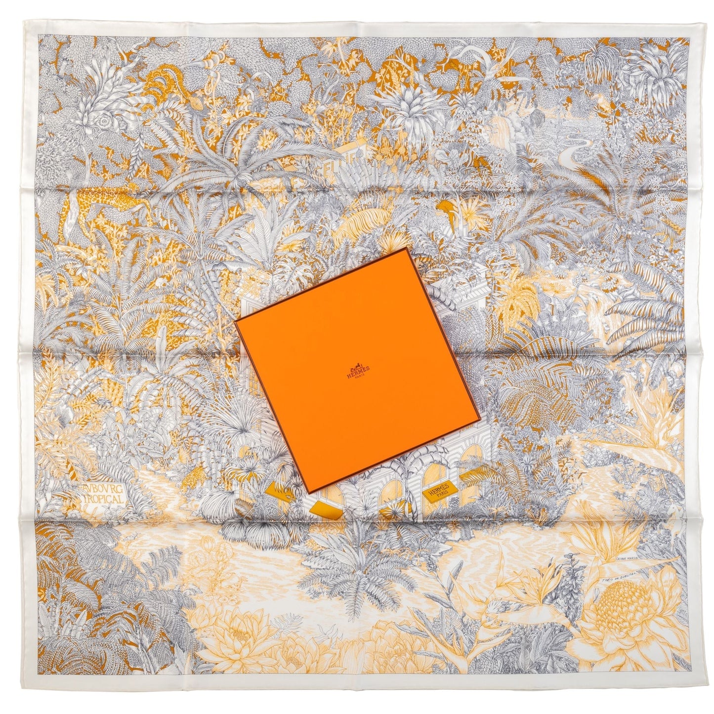 Hermes Grey Tropical Garden Silk Scarf