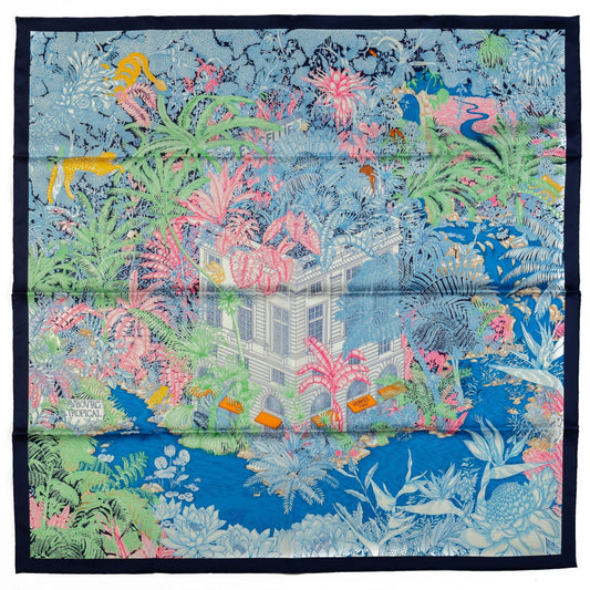Hermes Blue Tropical Garden Silk Scarf