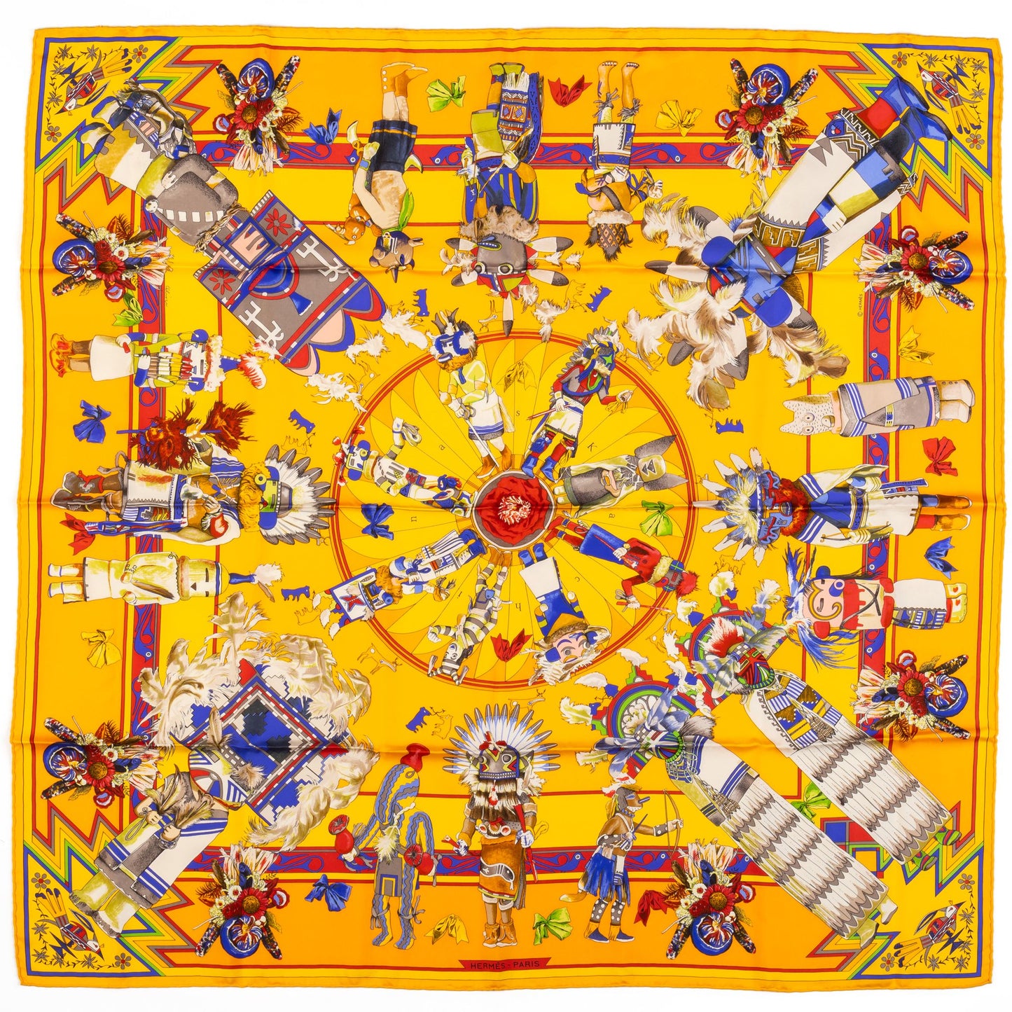 Hermes Yellow Silk Kachinas Scarf By Kermit Oliver