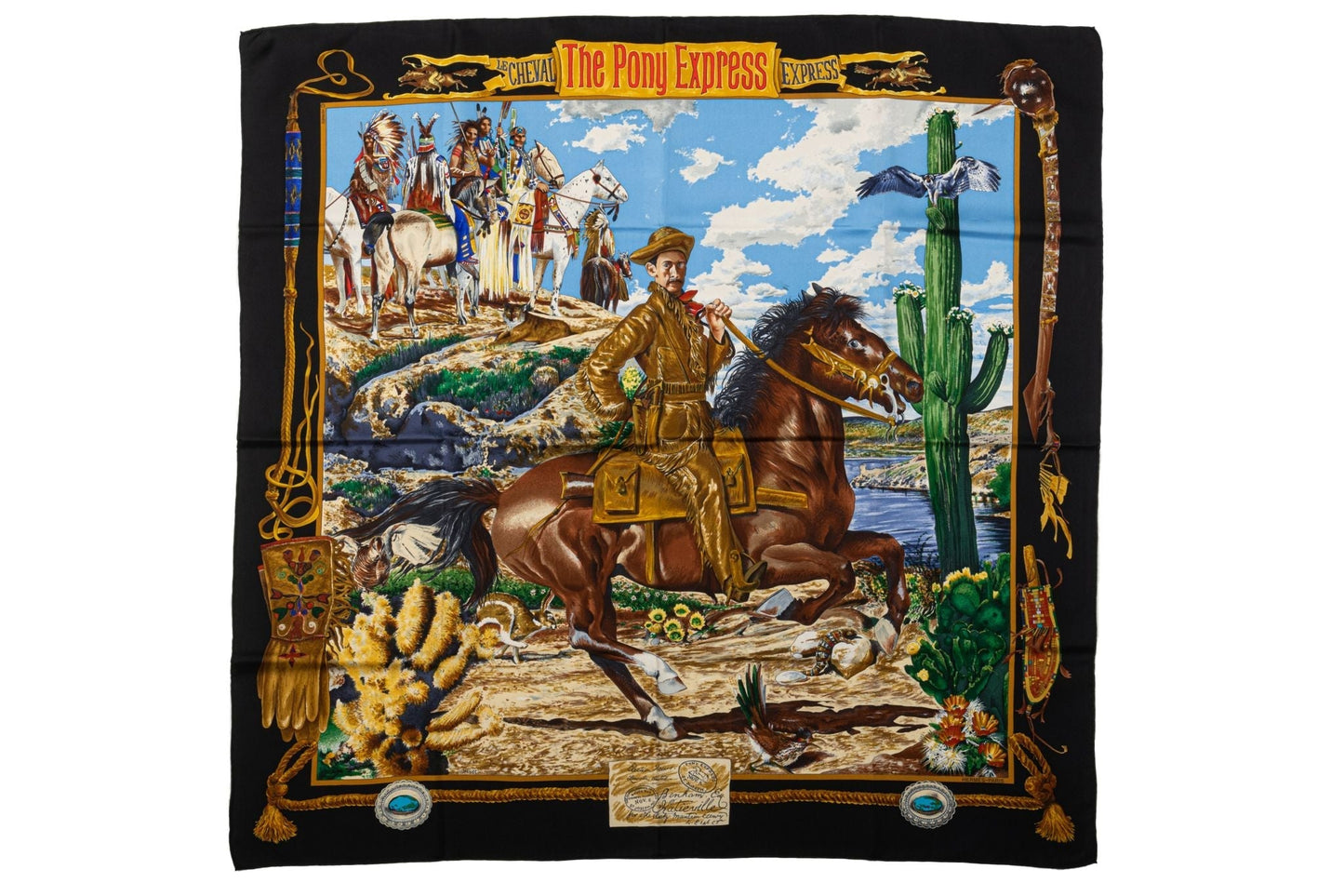 Hermes Black Pony Express Silk Scarf