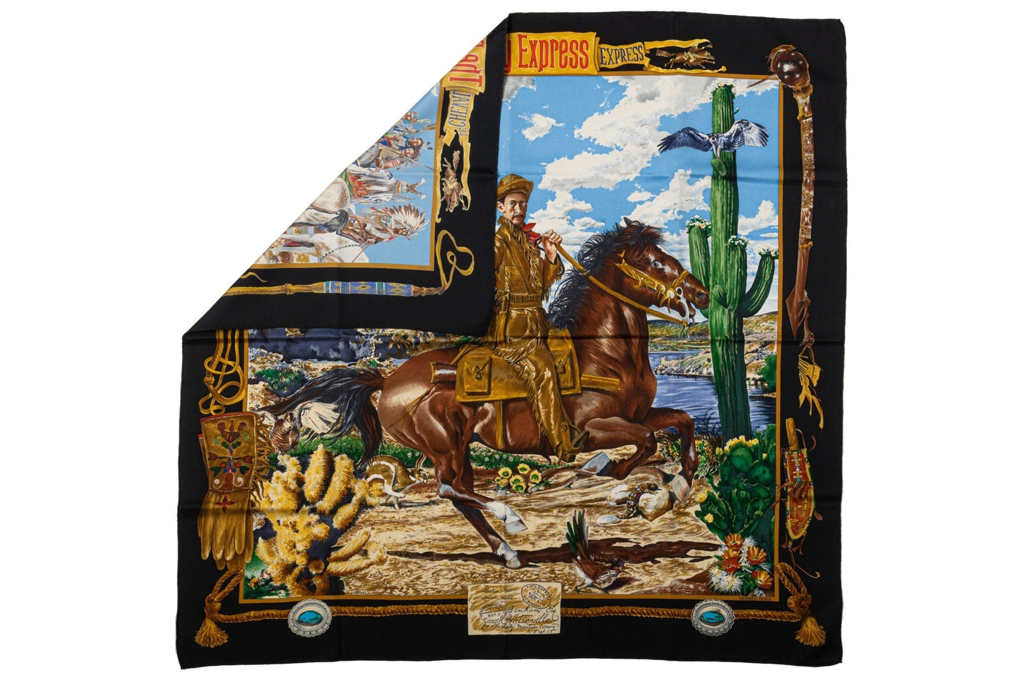 Hermes Black Pony Express Silk Scarf