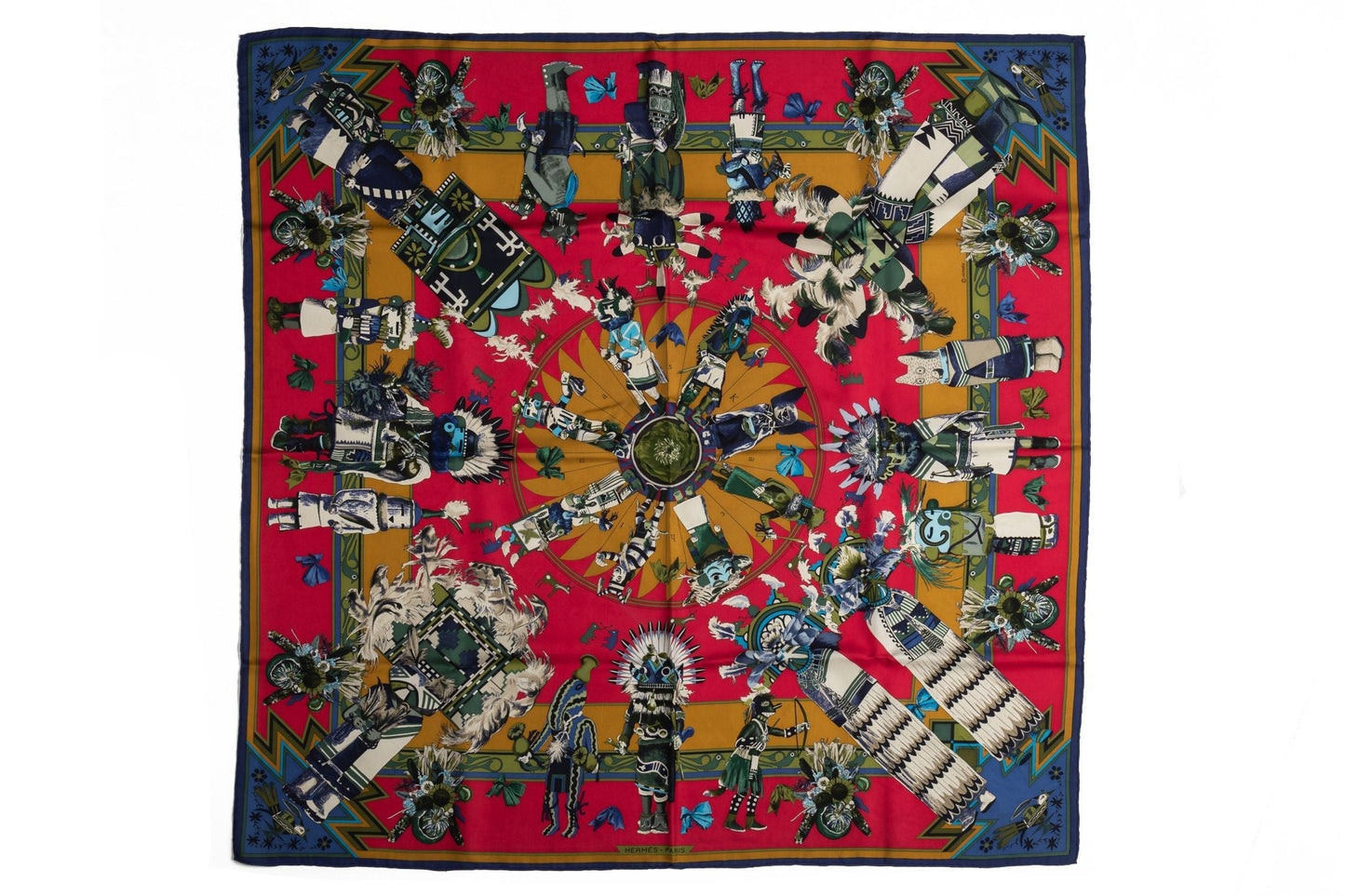 Hermes Red Moutard Kachinas Silk Scarf