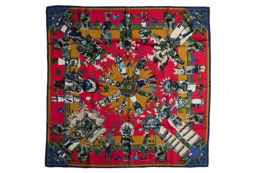 Hermes Red Moutard Kachinas Silk Scarf
