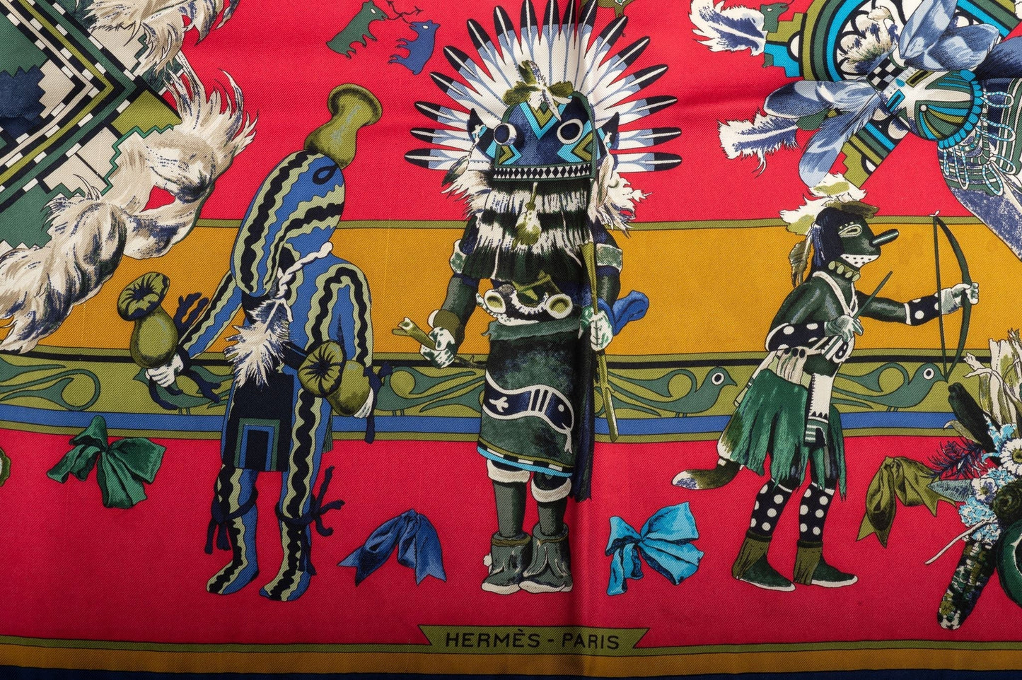 Hermes Red Moutard Kachinas Silk Scarf