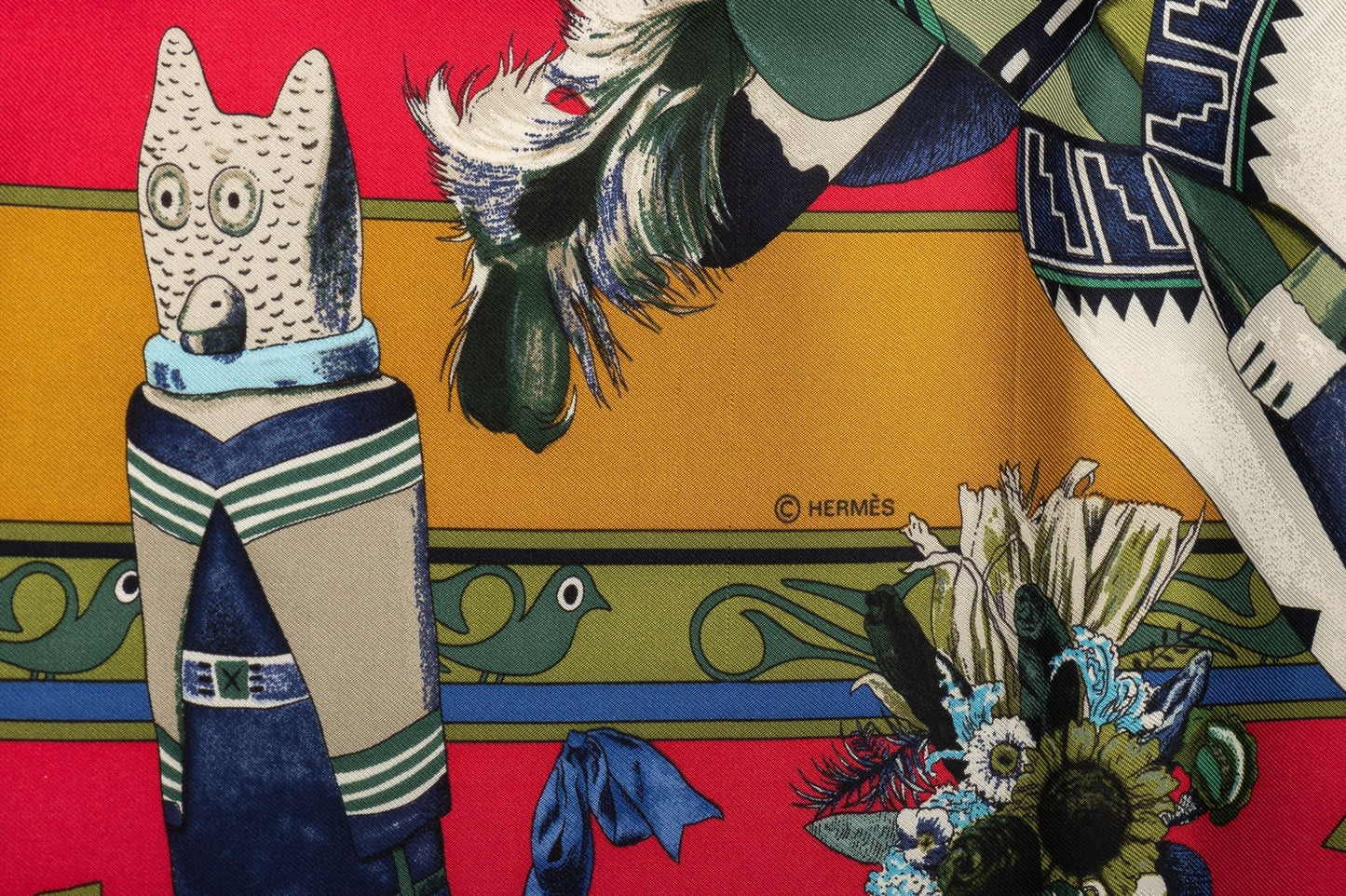 Hermes Red Moutard Kachinas Silk Scarf